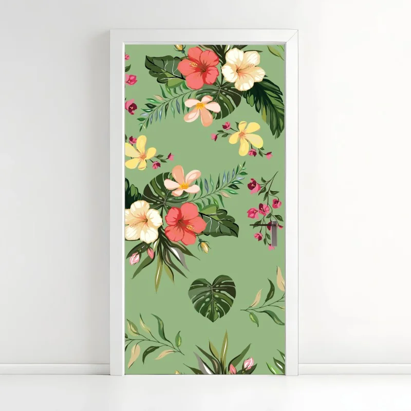 Adesivo per porta motivo tropicale floreale su sfondo verde