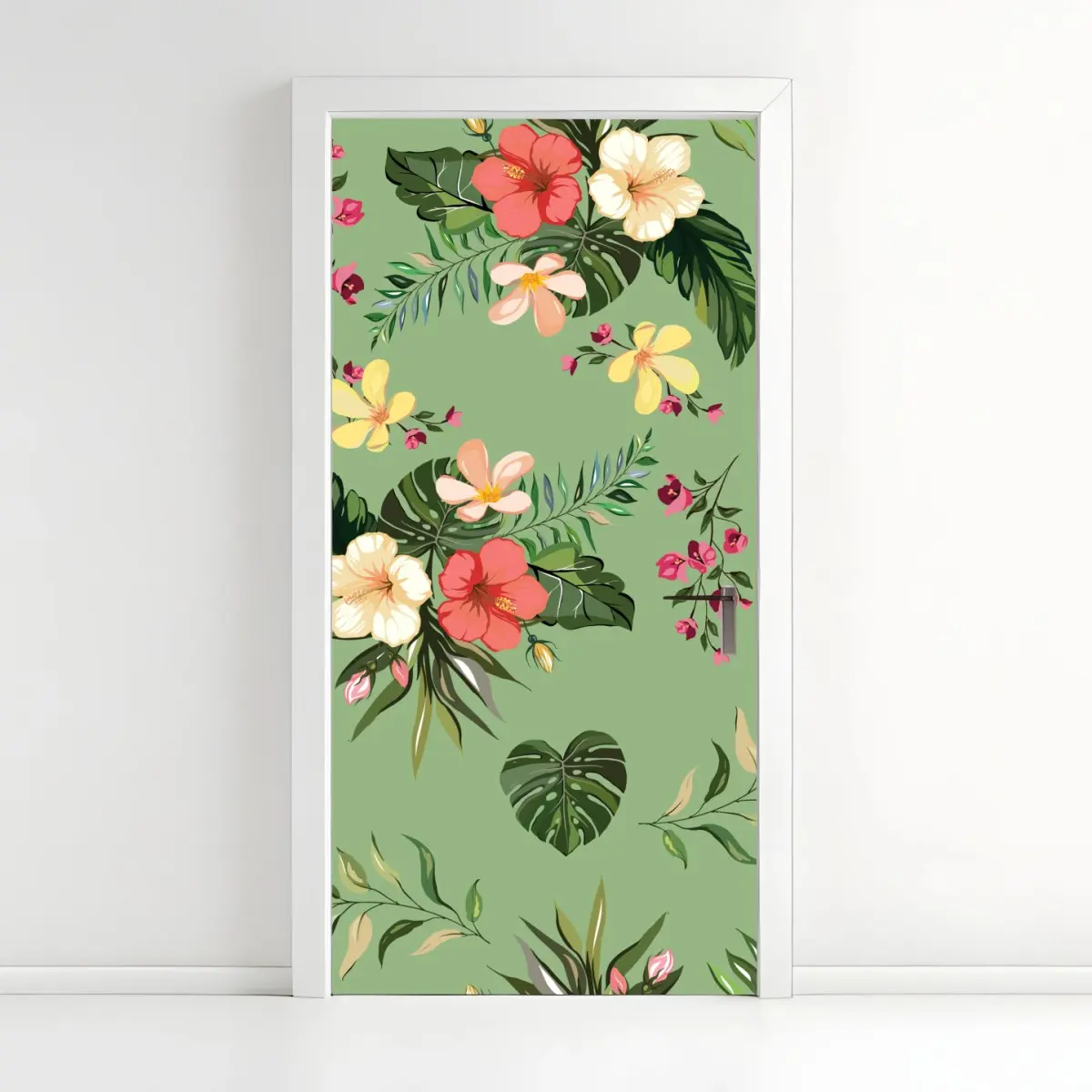 Adesivo per porta motivo tropicale floreale su sfondo verde • Wallissimo®