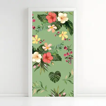 Adesivo per porta motivo tropicale floreale su sfondo verde • Wallissimo®