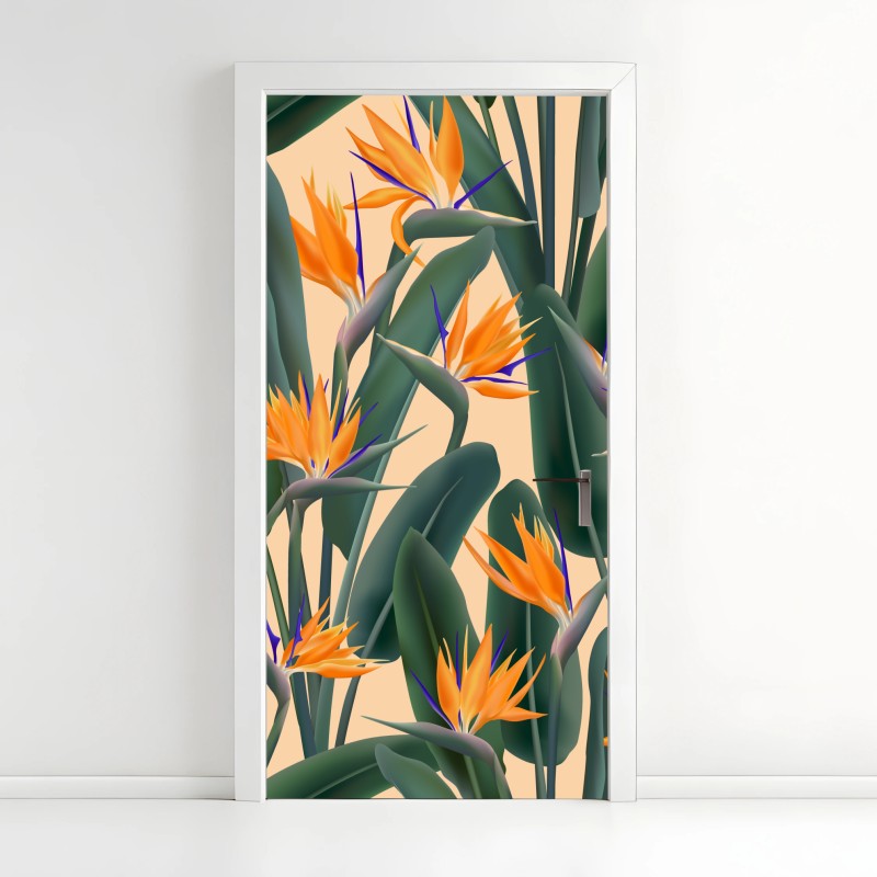 Adesivo per porta tropicale elegante con uccelli del paradiso