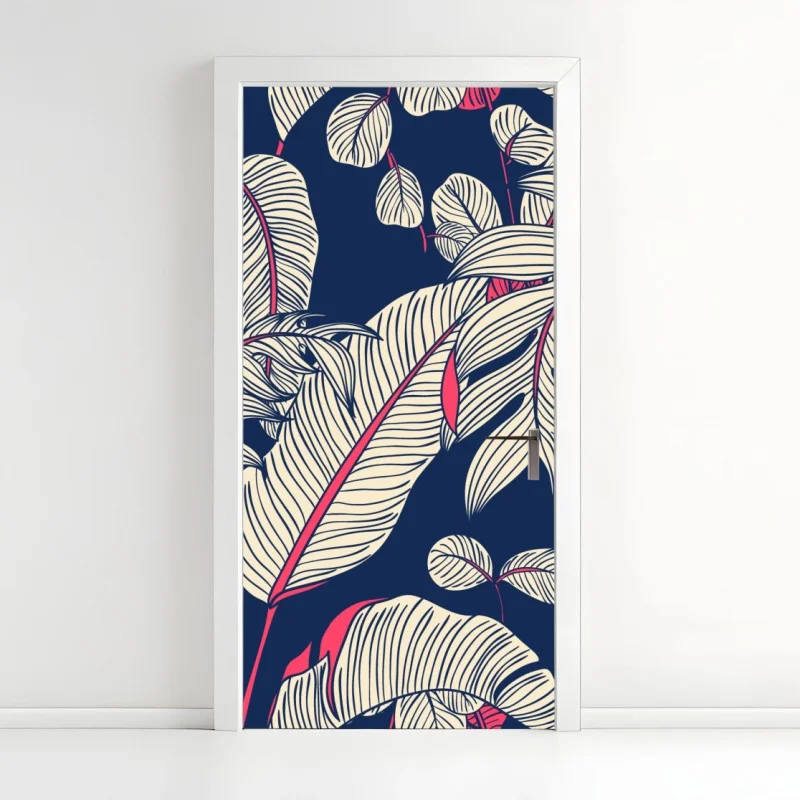 Adesivo per porta motivo botanico tropicale blu scuro e rosa