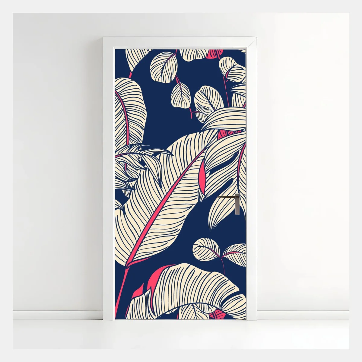Adesivo per porta motivo botanico tropicale blu scuro e rosa • Wallissimo® Adesivo per porta motivo botanico tropicale blu scuro e rosa • Wallissimo®