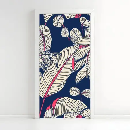 Adesivo per porta motivo botanico tropicale blu scuro e rosa • Wallissimo®