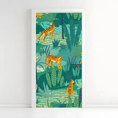 Adesivo per porta tigri nella giungla tropicale • Wallissimo®