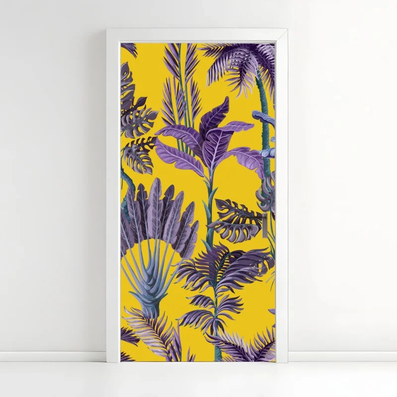 Adesivo per porta giungla tropicale viola su sfondo giallo
