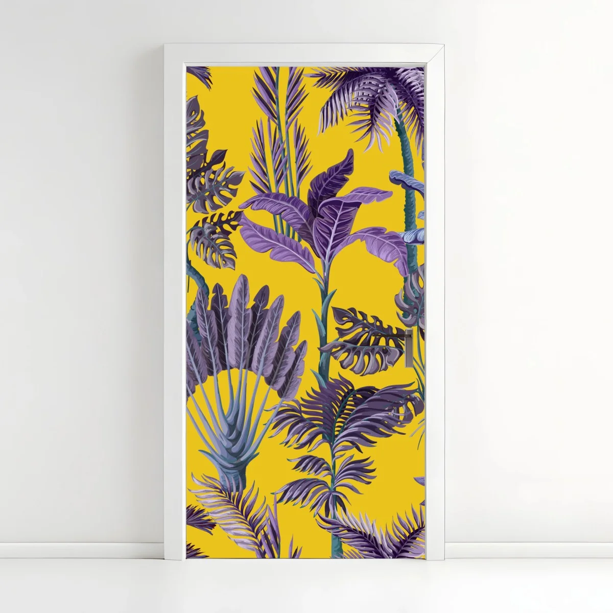 Adesivo per porta giungla tropicale viola su sfondo giallo • Wallissimo® Adesivo per porta giungla tropicale viola su sfondo giallo • Wallissimo®