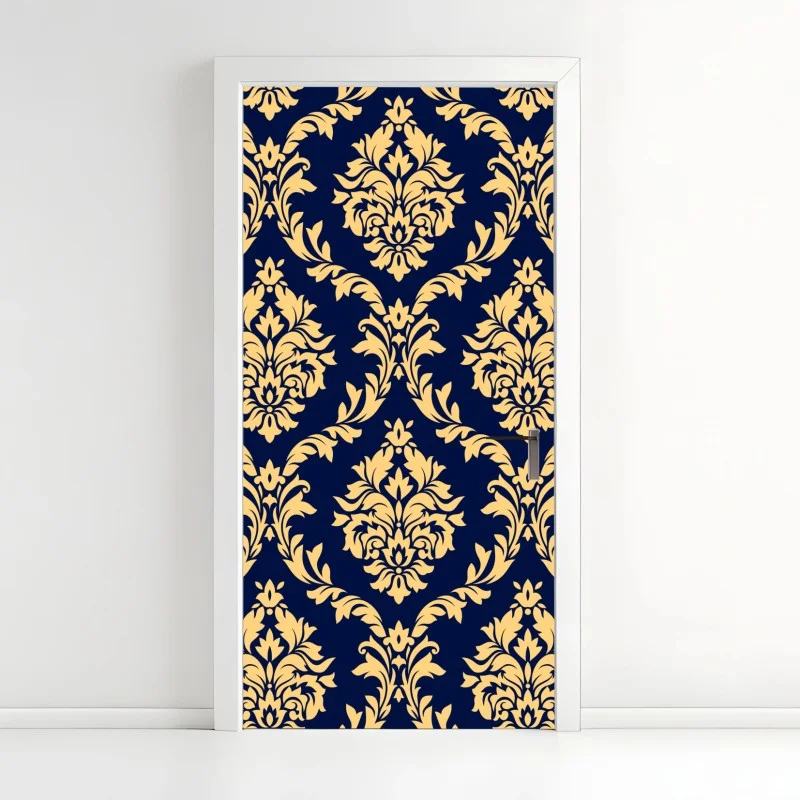 Adesivo per porta motivo damasco oro su sfondo blu navy
