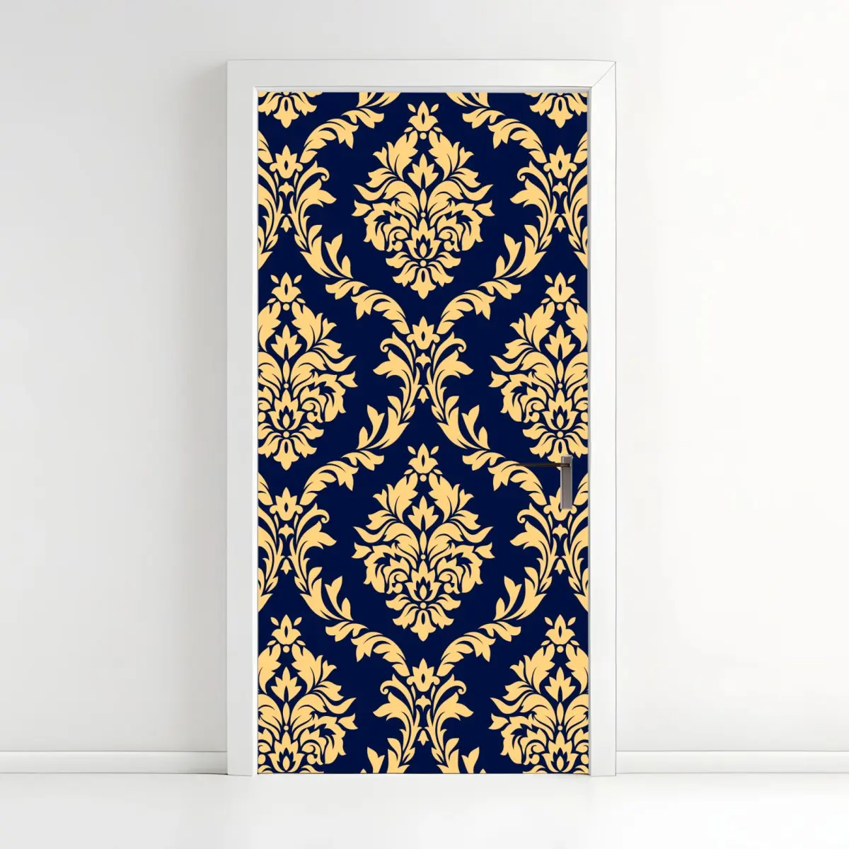 Adesivo per porta motivo damasco oro su sfondo blu navy • Wallissimo®