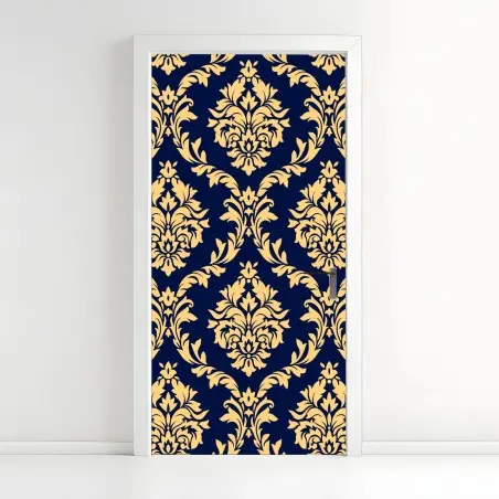 Adesivo per porta motivo damasco oro su sfondo blu navy • Wallissimo®