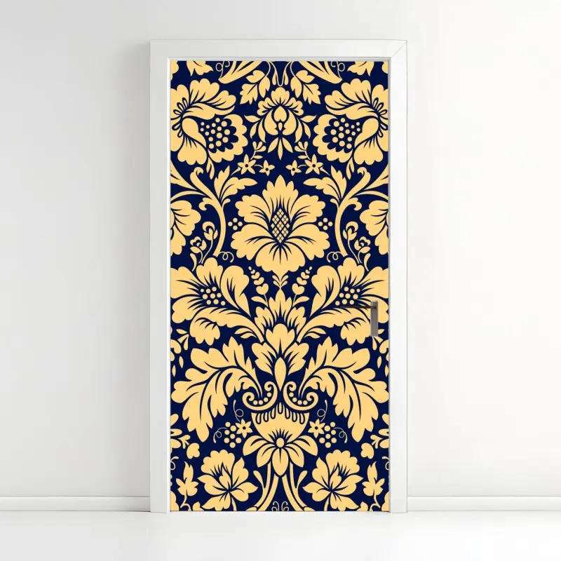 Adesivo per porta motivo damascato floreale oro su fondo blu