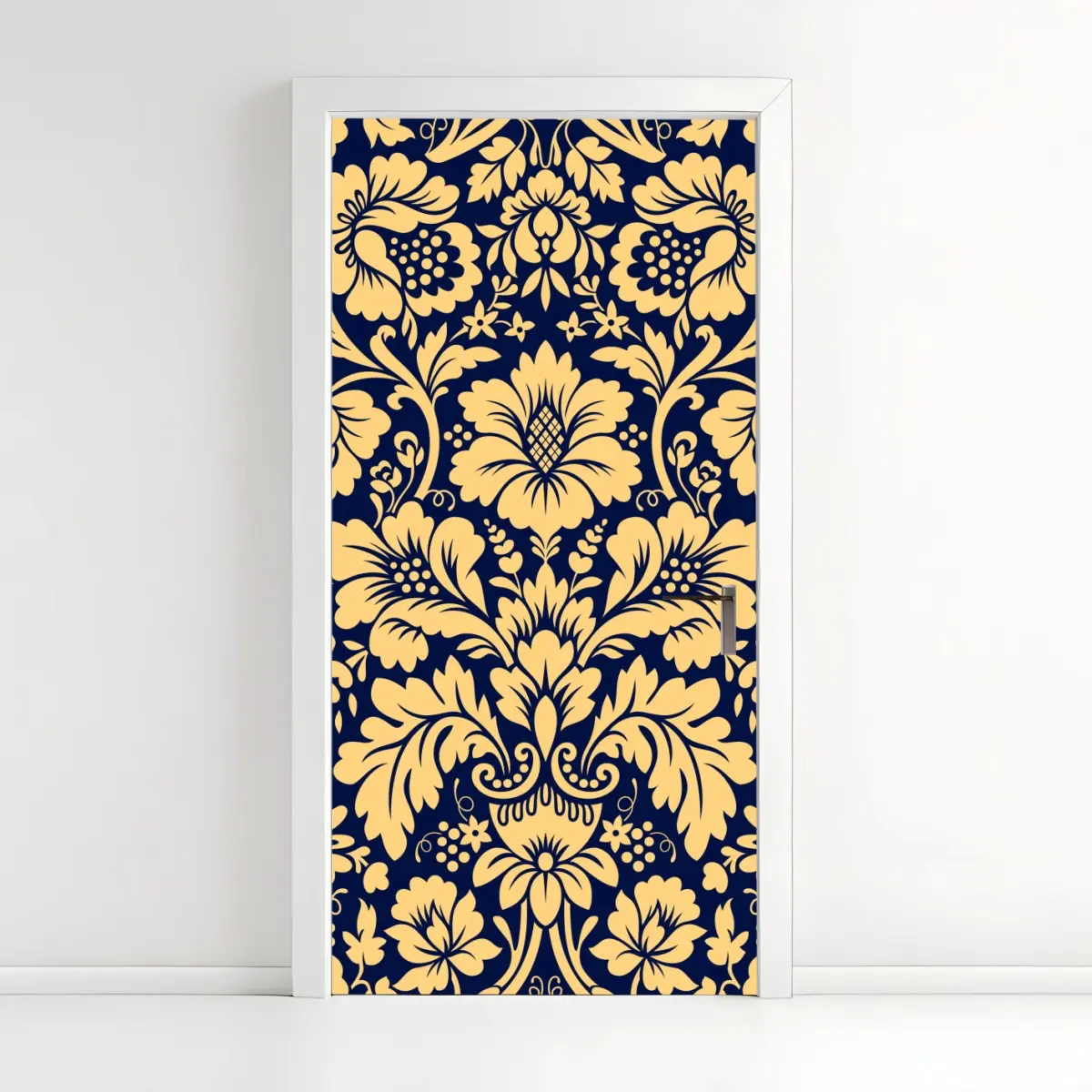 Adesivo per porta motivo damascato floreale oro su fondo blu • Wallissimo®