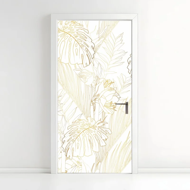 Adesivo per porta motivo botanico tropicale in linee dorate
