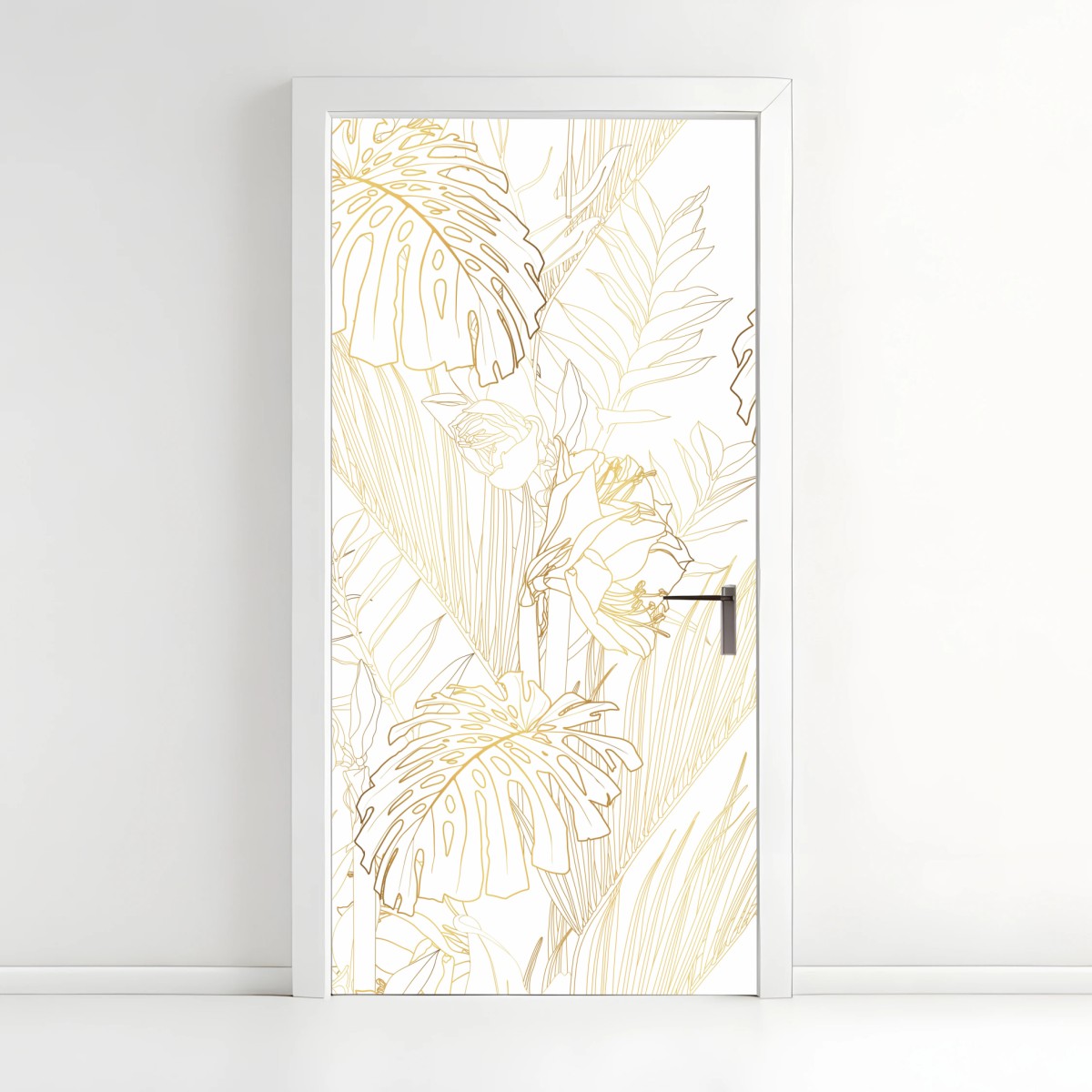 Adesivo per porta motivo botanico tropicale in linee dorate • Wallissimo®