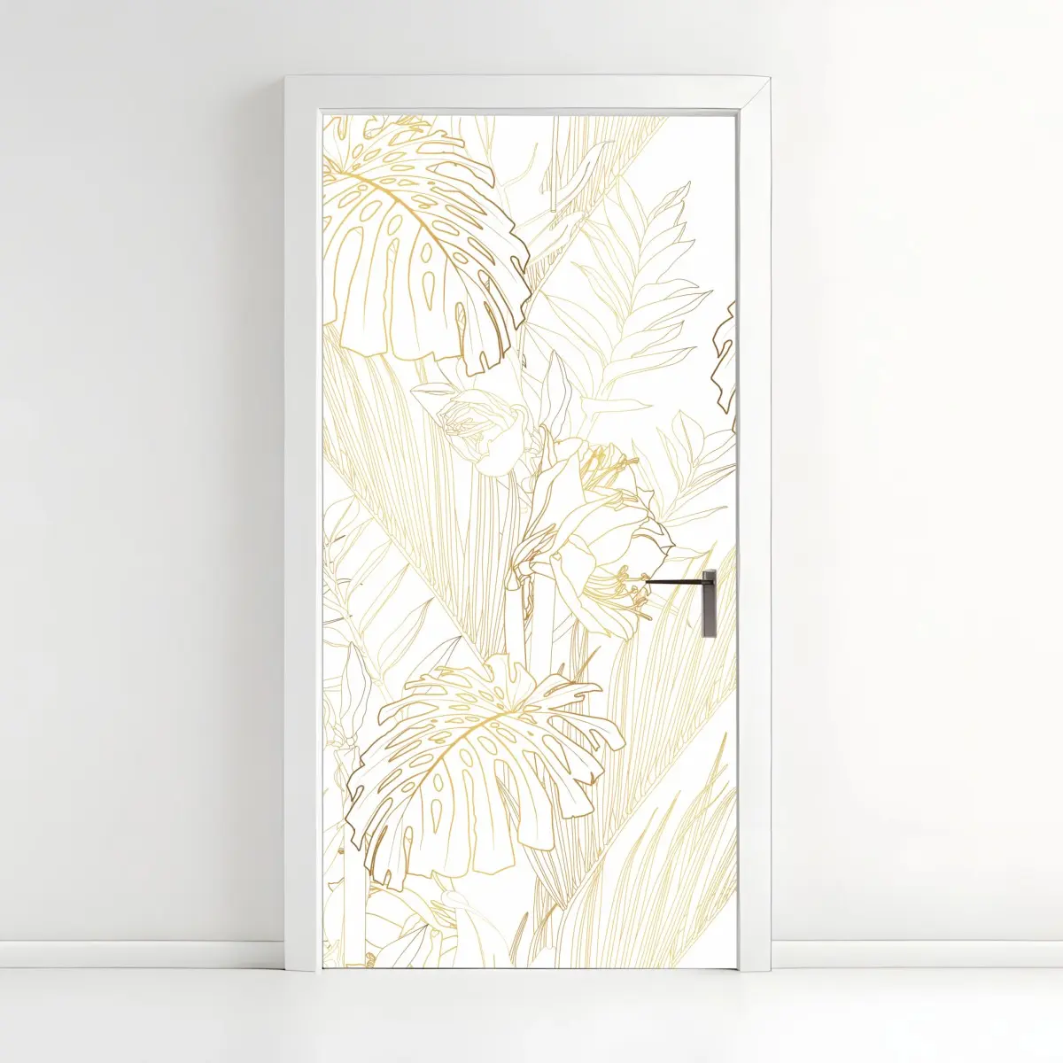 Adesivo per porta motivo botanico tropicale in linee dorate • Wallissimo®