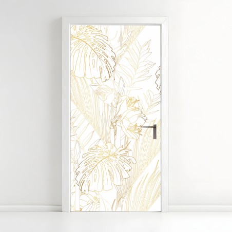 Adesivo per porta motivo botanico tropicale in linee dorate • Wallissimo®