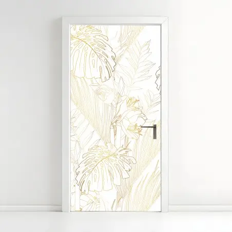 Adesivo per porta motivo botanico tropicale in linee dorate • Wallissimo®