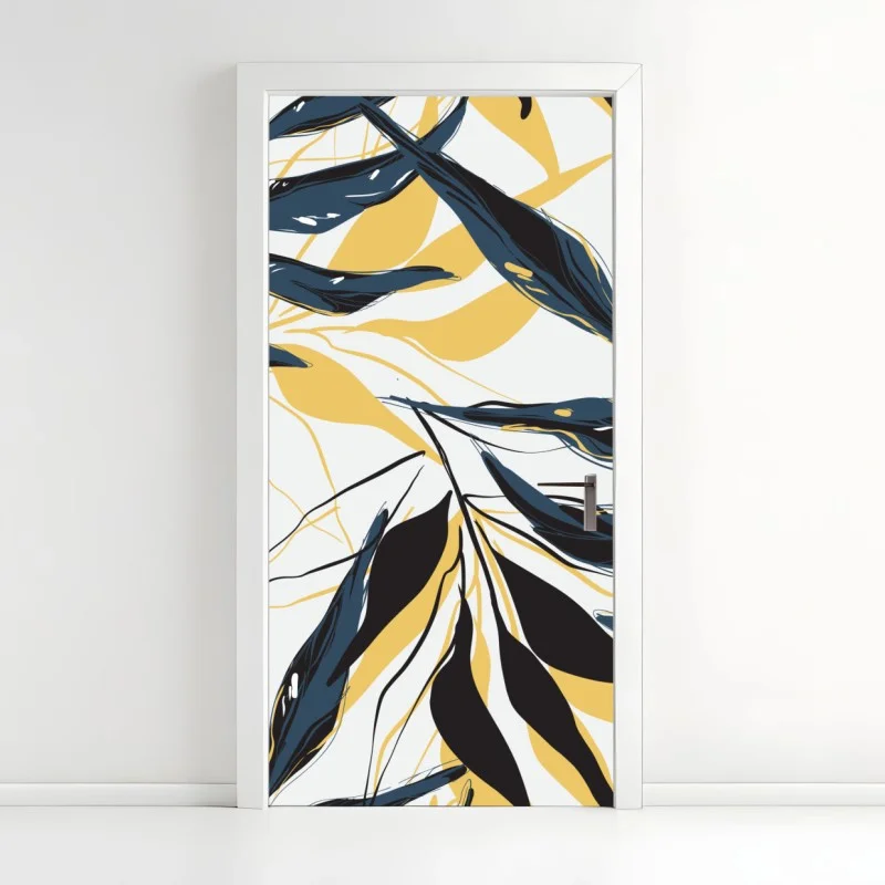 Adesivo per porta motivo botanico di foglie blu e oro