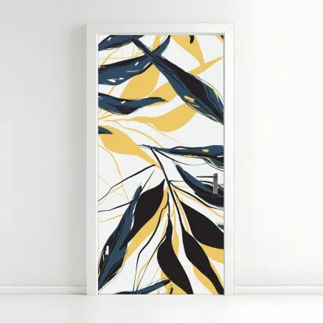 Adesivo per porta motivo botanico di foglie blu e oro • Wallissimo®