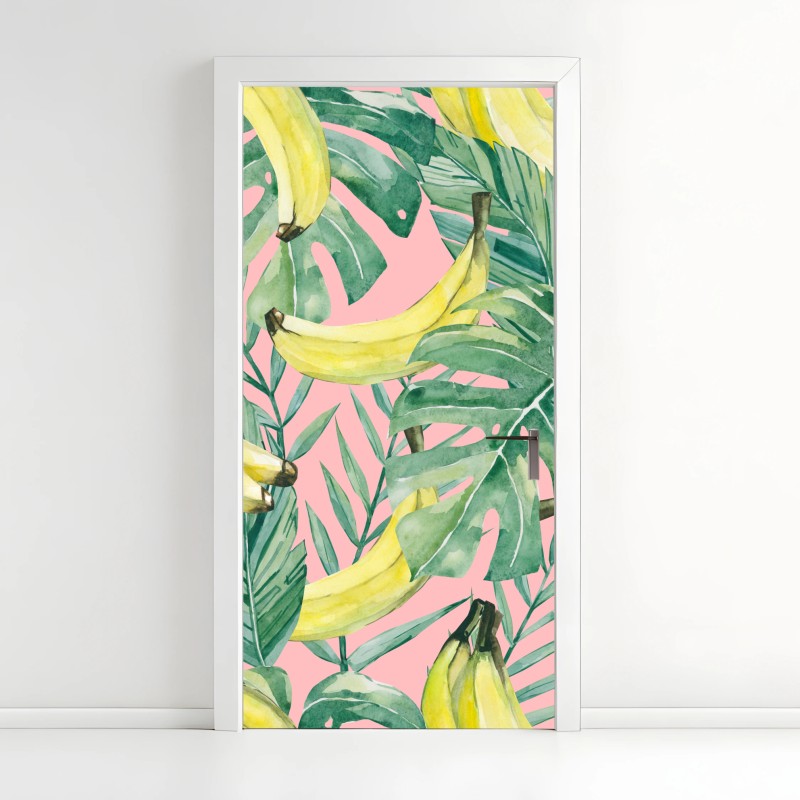 Adesivo per porta motivo tropicale banane e foglie acquerello su sfondo rosa