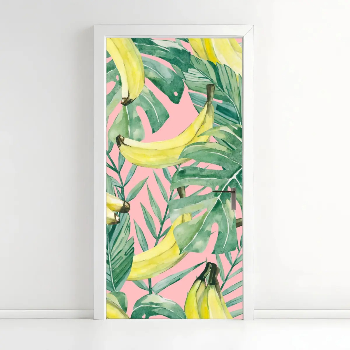 Adesivo per porta motivo tropicale banane e foglie acquerello su sfondo rosa • Wallissimo®