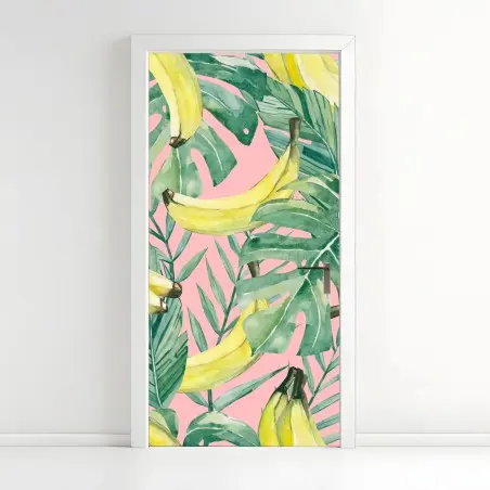 Adesivo per porta motivo tropicale banane e foglie acquerello su sfondo rosa • Wallissimo®
