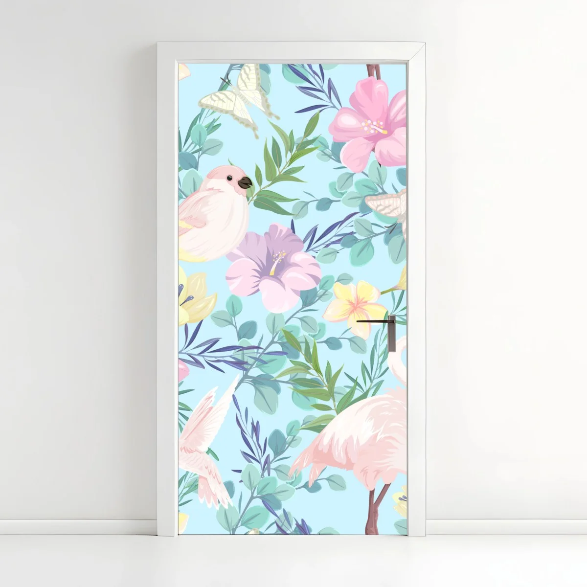 Adesivo per porta sogno tropicale in toni pastello con fenicotteri • Wallissimo® Adesivo per porta sogno tropicale in toni pastello con fenicotteri • Wallissimo®