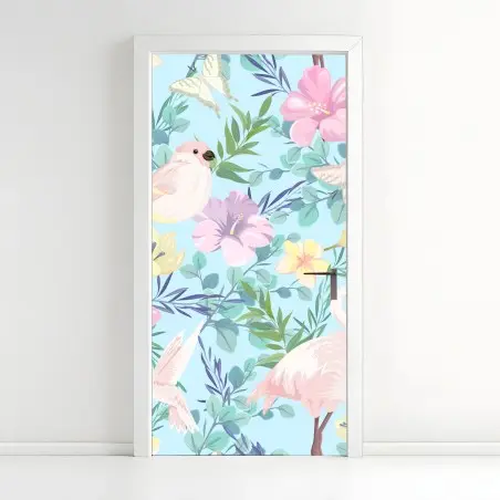 Adesivo per porta sogno tropicale in toni pastello con fenicotteri • Wallissimo®