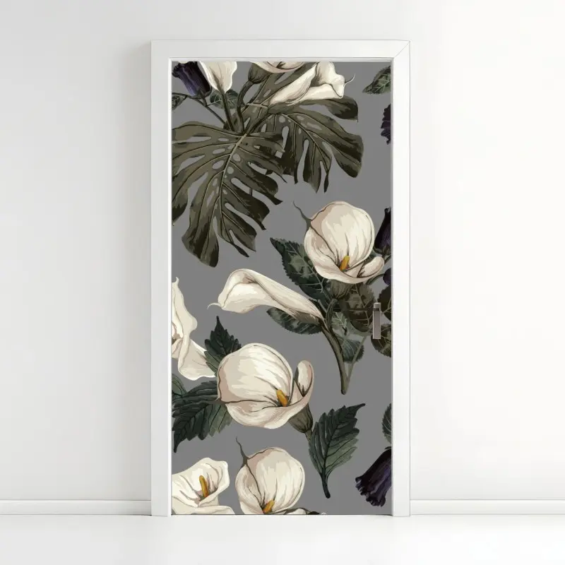 Adesivo per porta motivo botanico elegante con calle e foglie di monstera