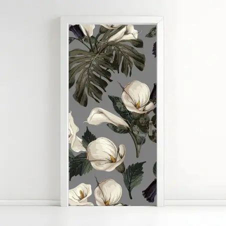 Adesivo per porta motivo botanico elegante con calle e foglie di monstera • Wallissimo®