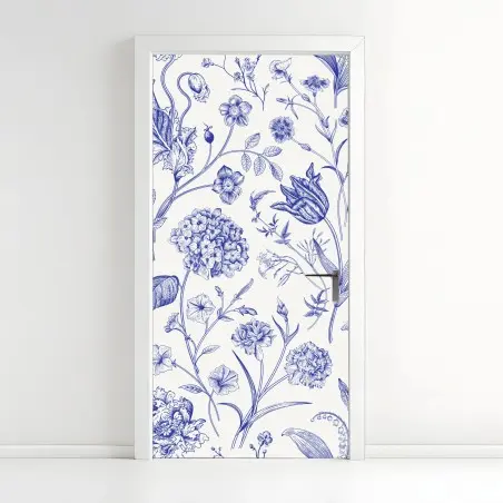 Adesivo per porta elegante motivo floreale in stile Toile de Jouy • Wallissimo®
