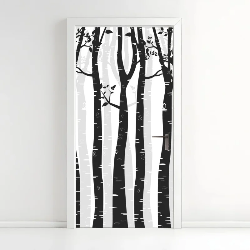 Adesivo per porta foresta di betulle in bianco e nero