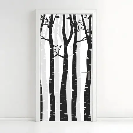 Adesivo per porta foresta di betulle in bianco e nero • Wallissimo®