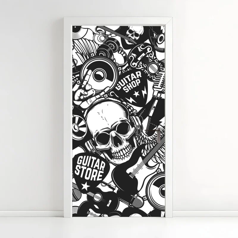 Adesivo per porta motivo rock teschi e chitarre in bianco e nero