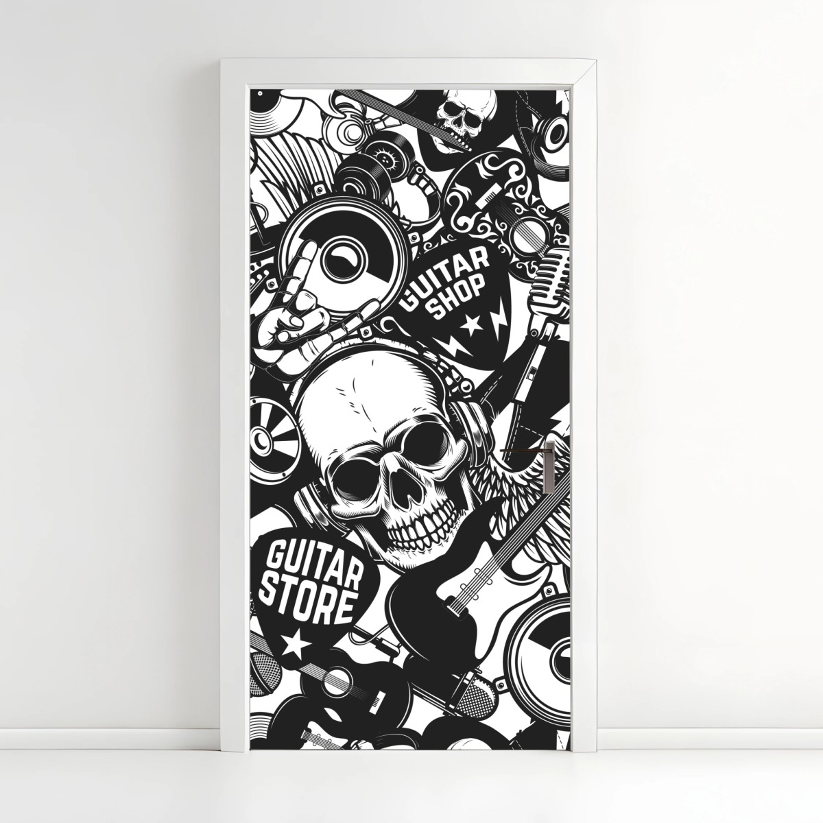 Adesivo per porta motivo rock teschi e chitarre in bianco e nero • Wallissimo®