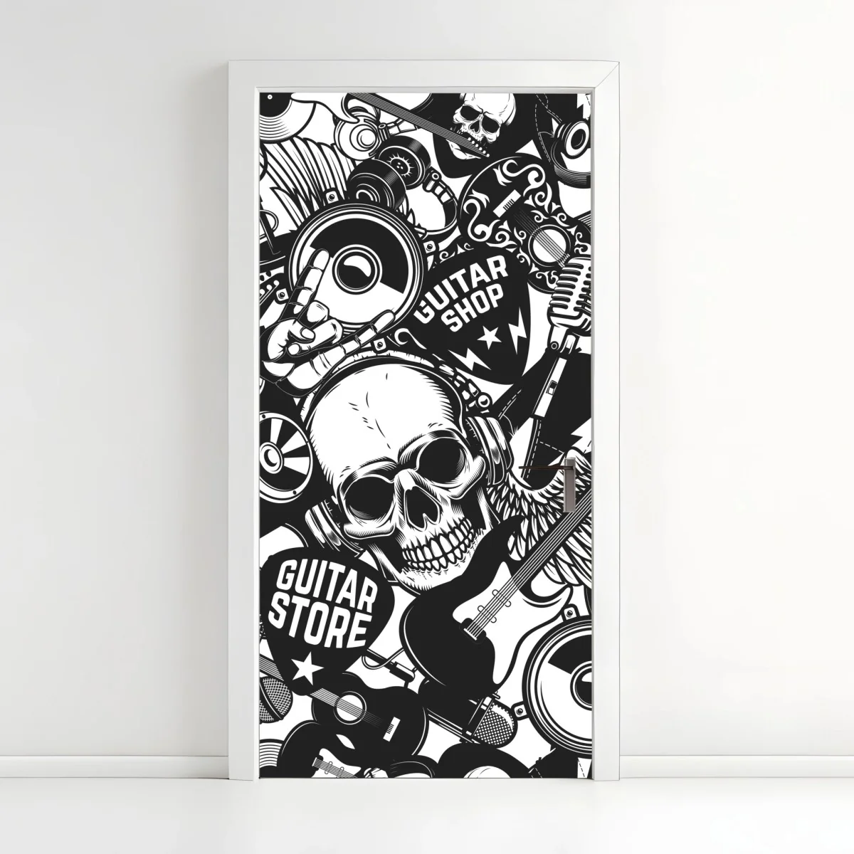 Adesivo per porta motivo rock teschi e chitarre in bianco e nero • Wallissimo® Adesivo per porta motivo rock teschi e chitarre in bianco e nero • Wallissimo®