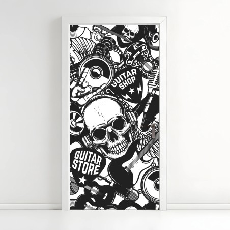 Adesivo per porta motivo rock teschi e chitarre in bianco e nero • Wallissimo®