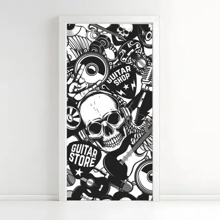 Adesivo per porta motivo rock teschi e chitarre in bianco e nero • Wallissimo®