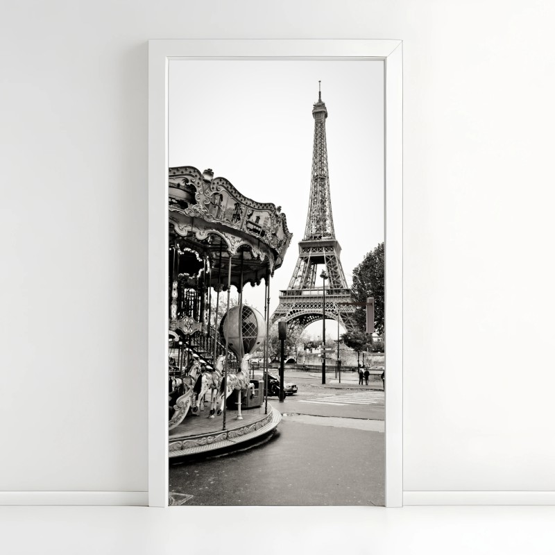 Adesivo per porta magica vista di Parigi con la Torre Eiffel e giostra d'epoca
