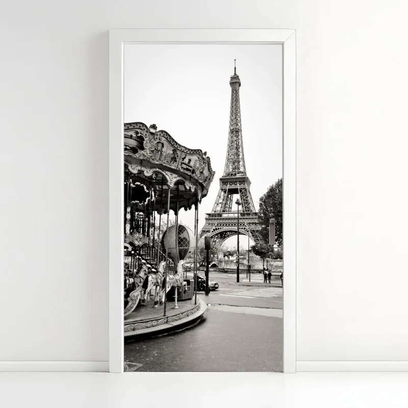 Adesivo per porta magica vista di Parigi con la Torre Eiffel e giostra d'epoca