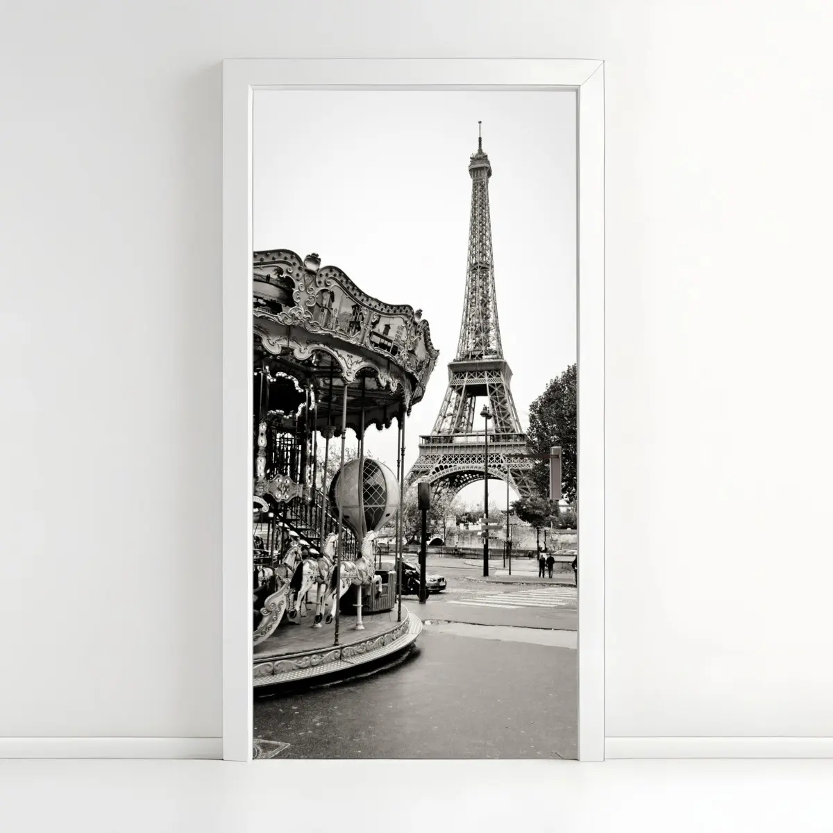 Adesivo per porta magica vista di Parigi con la Torre Eiffel e giostra d'epoca • Wallissimo®