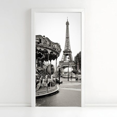 Adesivo per porta magica vista di Parigi con la Torre Eiffel e giostra d'epoca • Wallissimo®