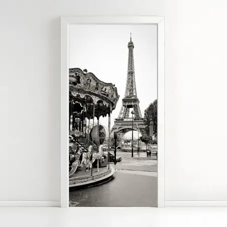 Adesivo per porta magica vista di Parigi con la Torre Eiffel e giostra d'epoca • Wallissimo®