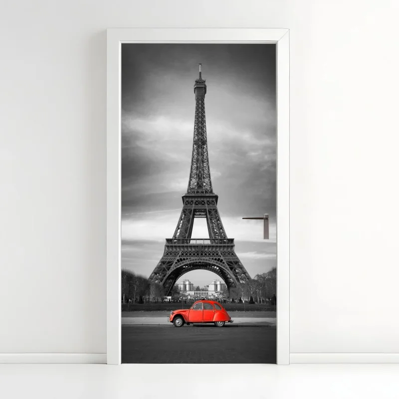 Adesivo per porta paesaggio urbano monocromatico a Parigi con auto rossa e Torre Eiffel