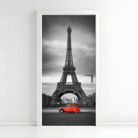 Adesivo per porta paesaggio urbano monocromatico a Parigi con auto rossa e Torre Eiffel • Wallissimo®