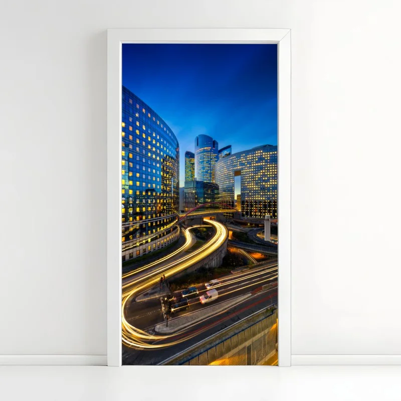 Adesivo per porta panorama urbano notturno del distretto finanziario