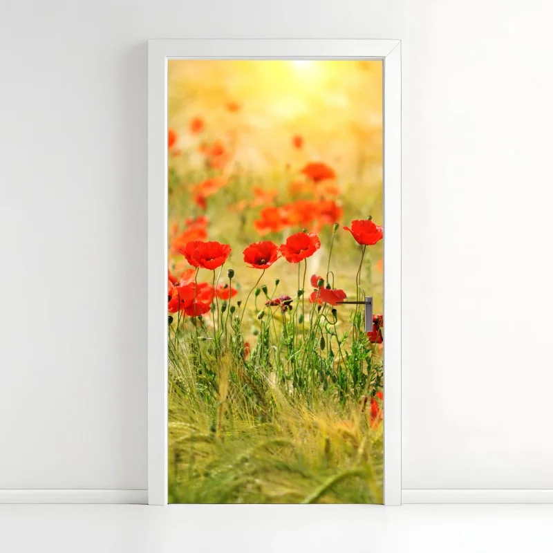 Adesivo per porta papaveri al tramonto in campo dorato