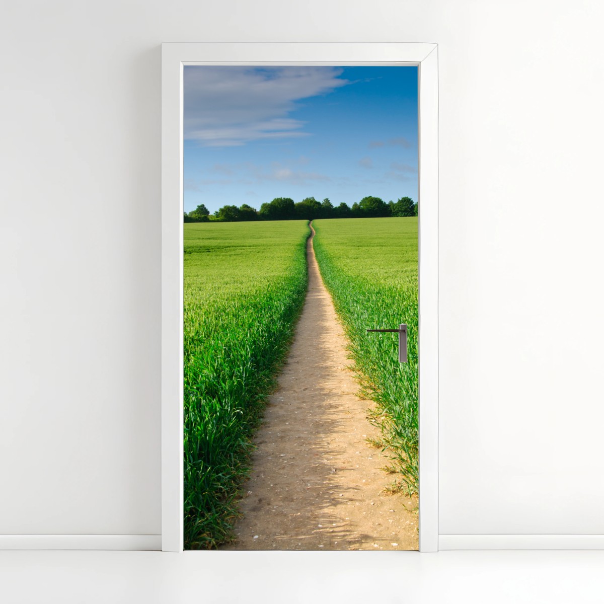Adesivo per porta sentiero che conduce all'orizzonte nella campagna verde • Wallissimo®