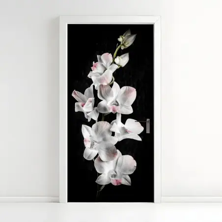 Adesivo per porta orchidea bianca con sfumature rosa su sfondo nero • Wallissimo®