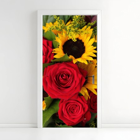 Adesivo per porta fiori vivaci: rose rosse e girasoli • Wallissimo®