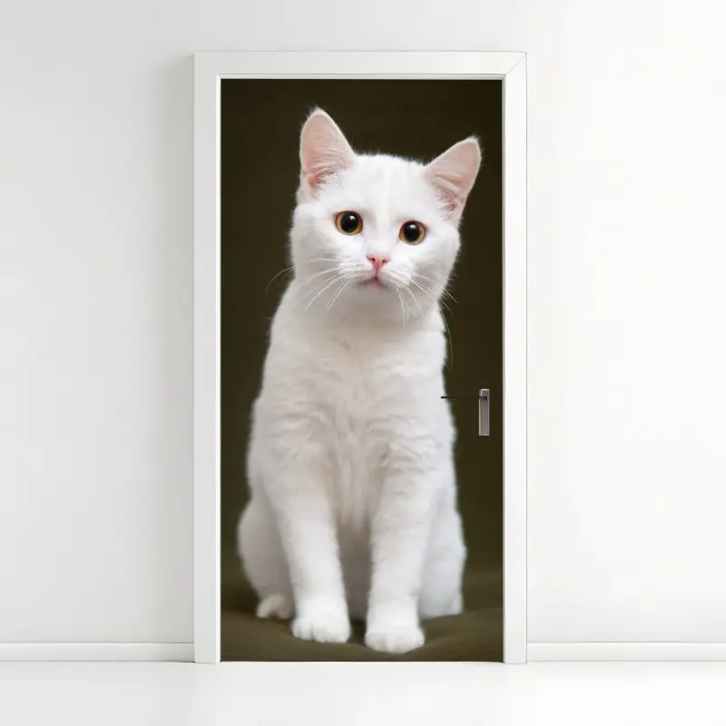Adesivo per porta ritratto tenero di gatto bianco su sfondo neutro
